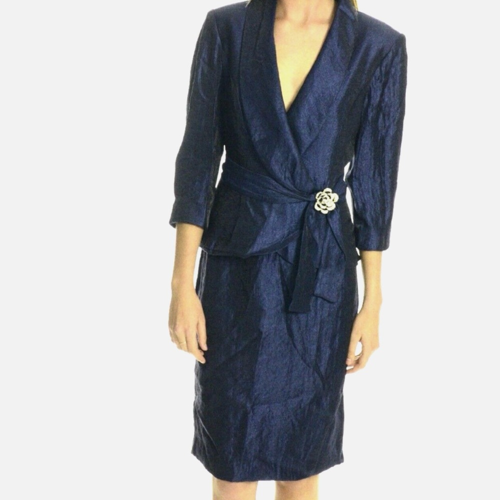 Patra Elegant Shimmery Navy Faux 2-Piece Dress Formal Semi-Formal Modest Size 12